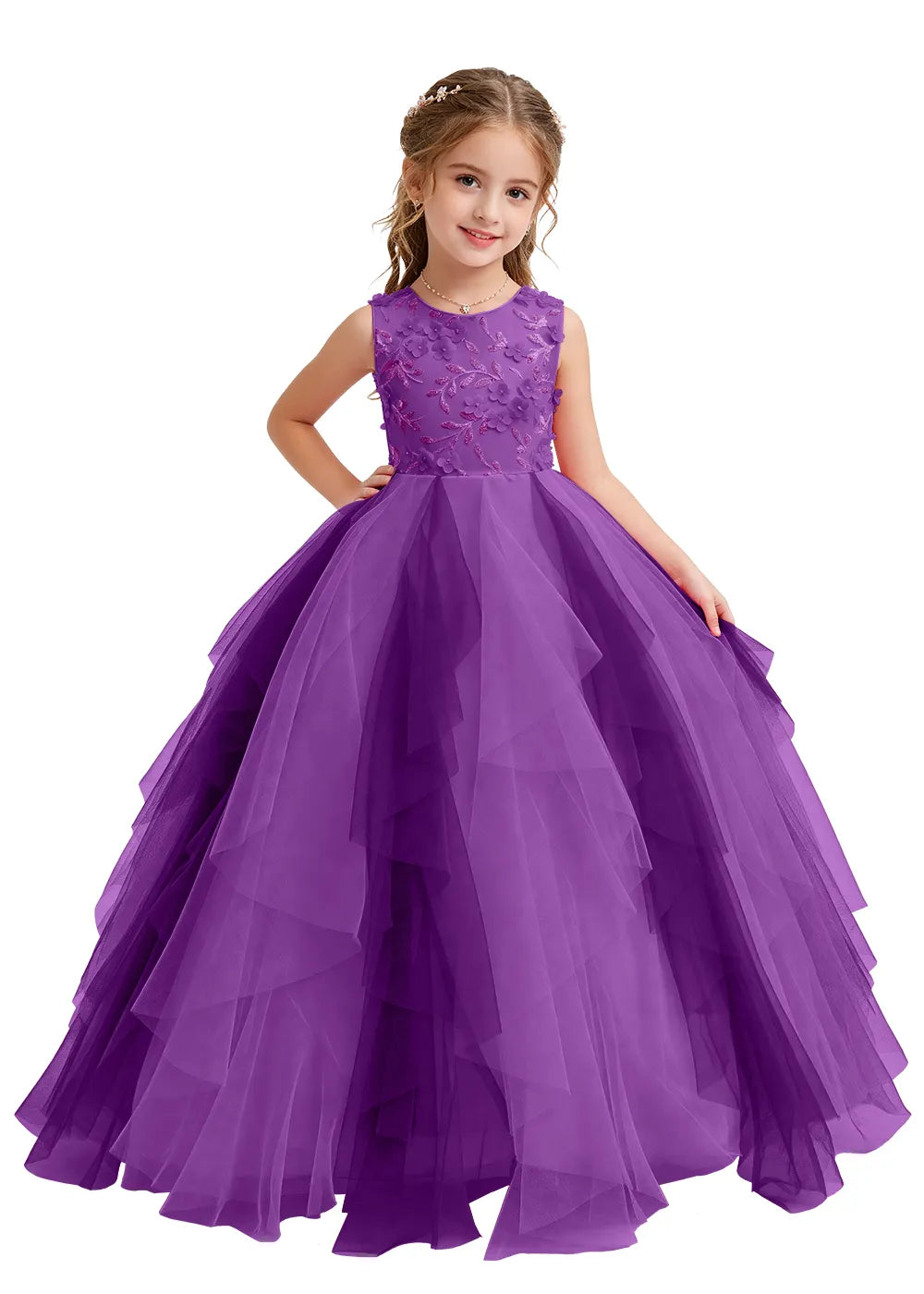 Floral Appliqué Ruffle Tulle Princess Dress