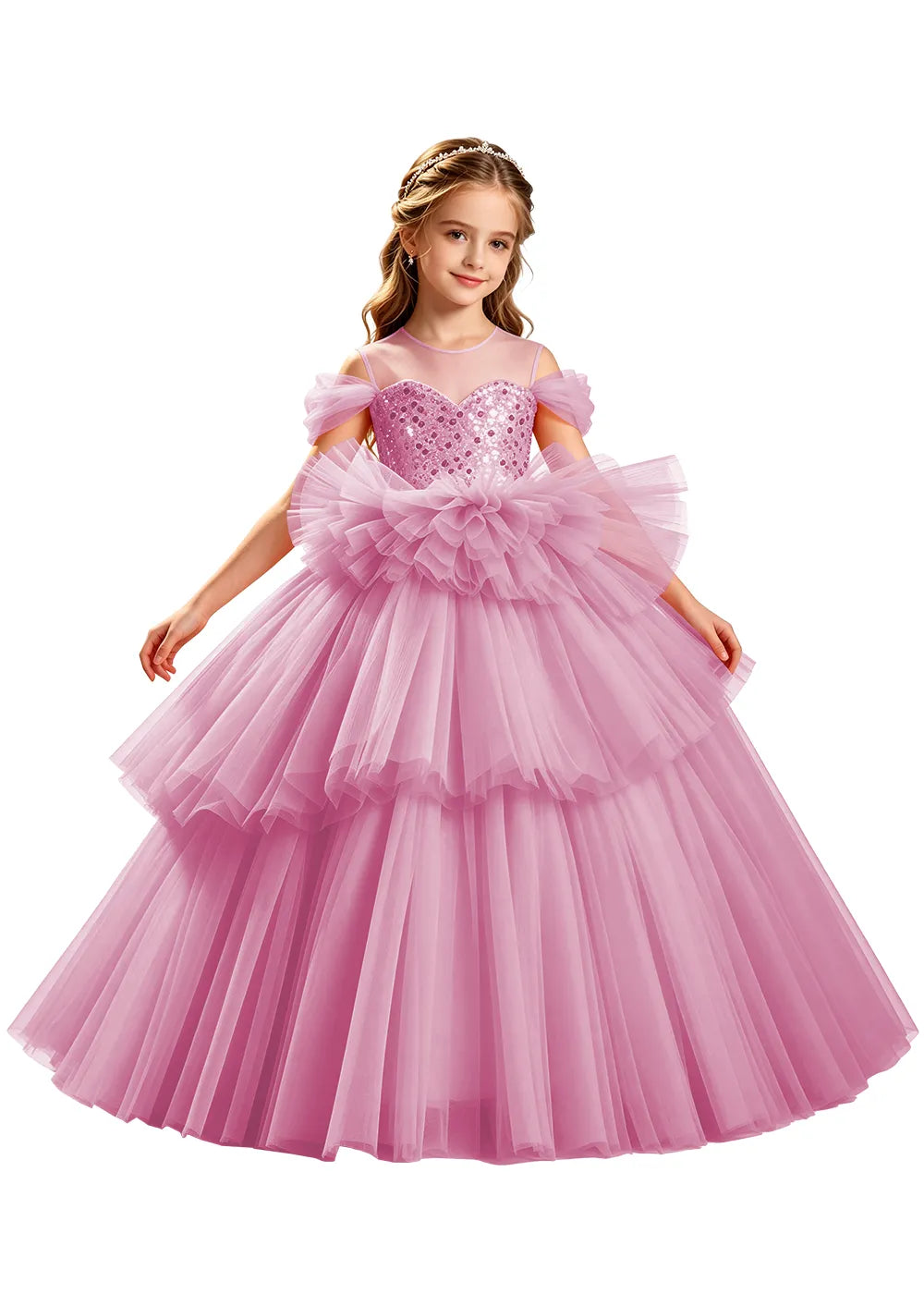 Sequin Off-Shoulder Layered Tulle Pageant Dress