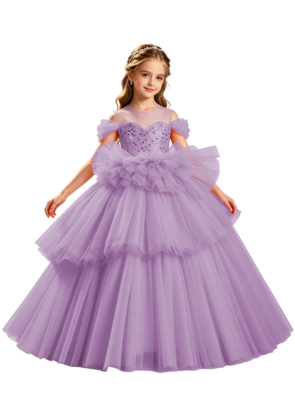 Sequin Off-Shoulder Layered Tulle Pageant Dress
