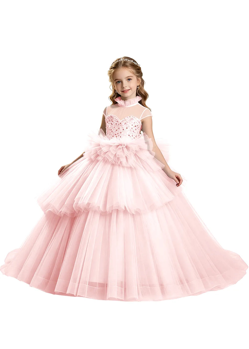 Sequin Illusion Neck Girls Pageant Ball Gown