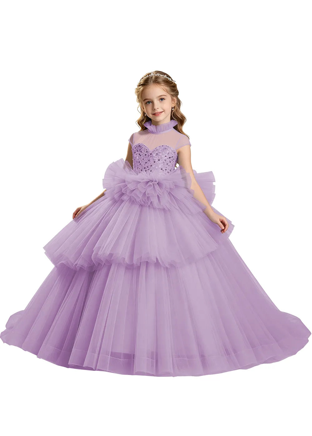 Sequin Illusion Neck Girls Pageant Ball Gown