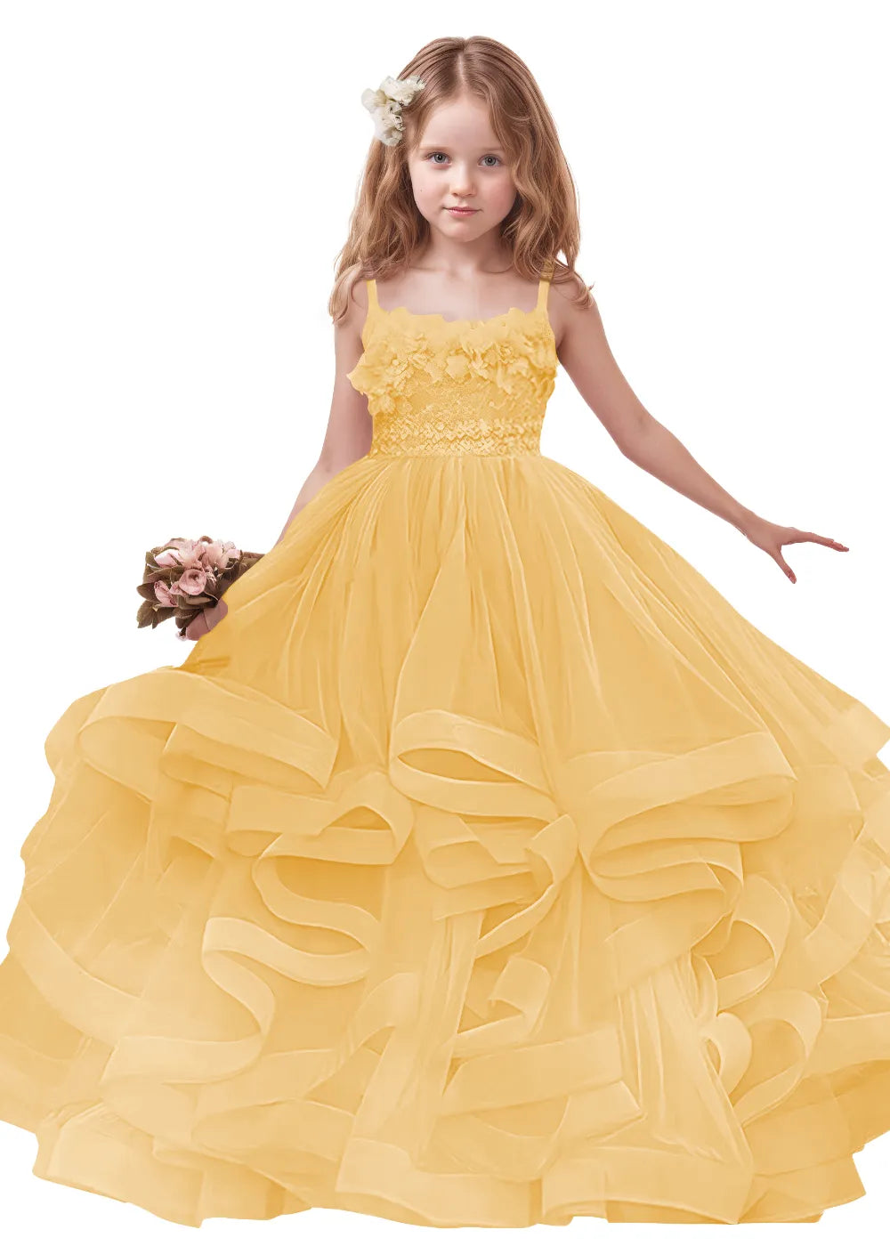 3D Floral & Ruffle Tulle Flower Girl Dress