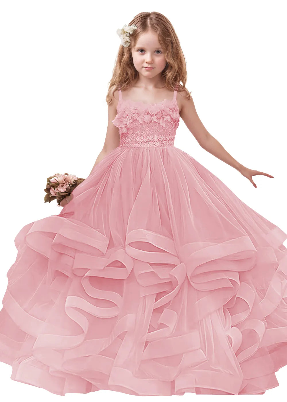 3D Floral & Ruffle Tulle Flower Girl Dress