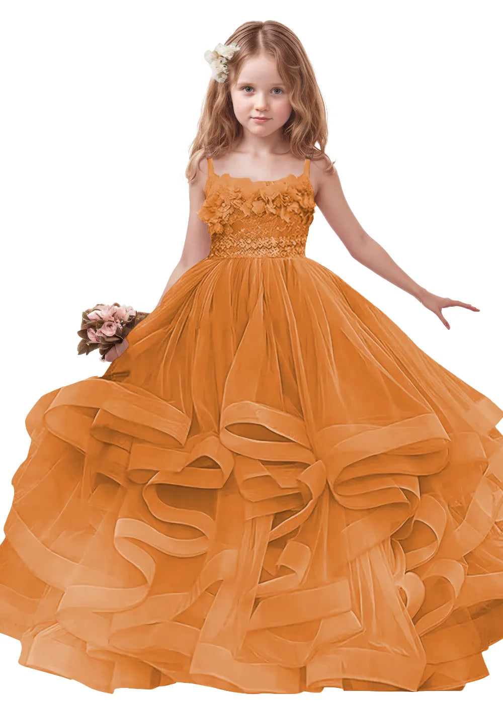 3D Floral & Ruffle Tulle Flower Girl Dress