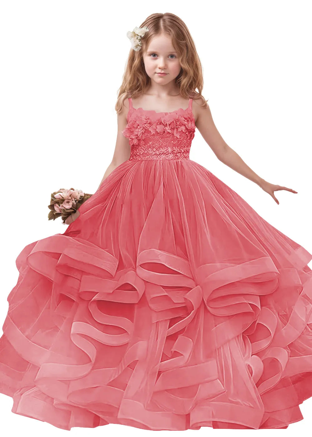 3D Floral & Ruffle Tulle Flower Girl Dress