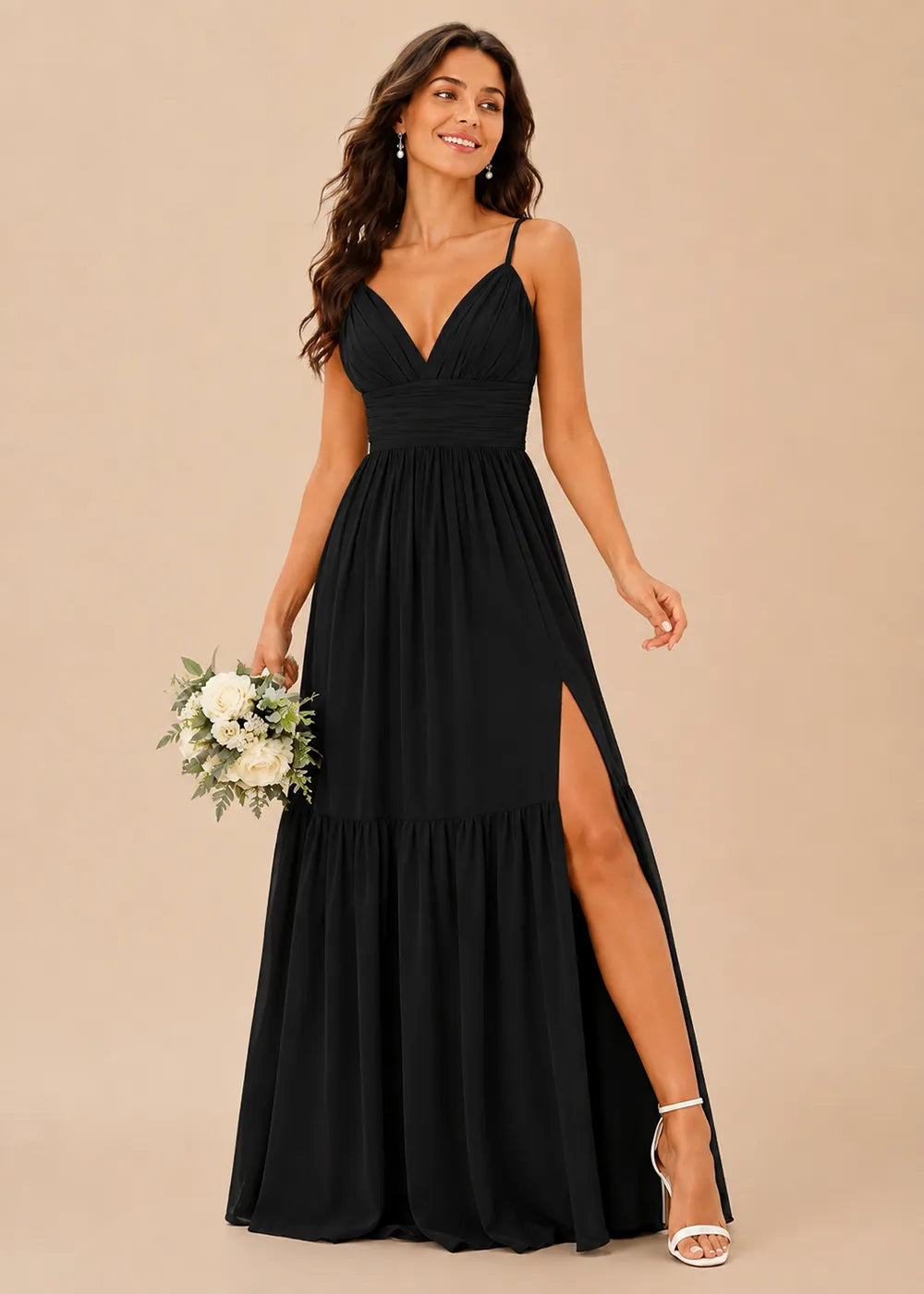Ruched V-Neck Tiered Chiffon Gown
