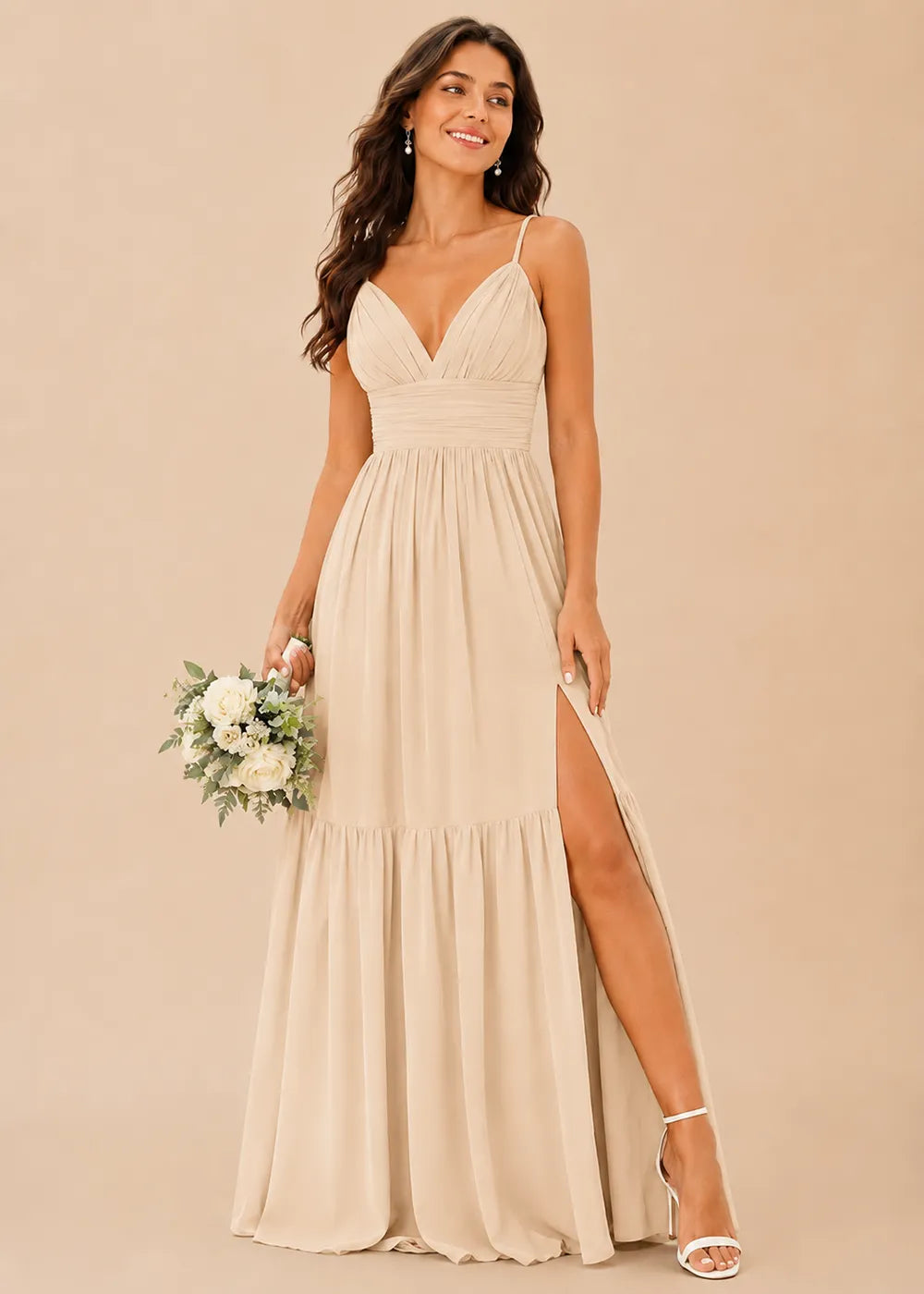 Ruched V-Neck Tiered Chiffon Gown
