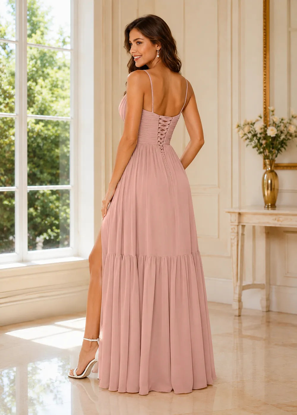Ruched V-Neck Tiered Chiffon Gown