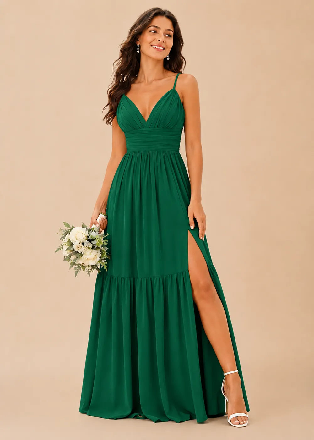 Ruched V-Neck Tiered Chiffon Gown