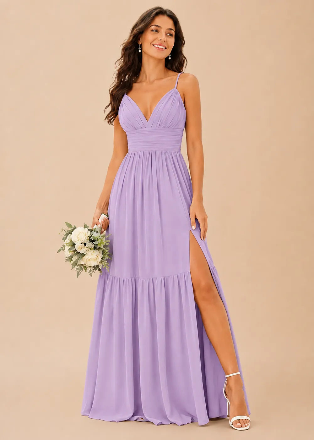 Ruched V-Neck Tiered Chiffon Gown