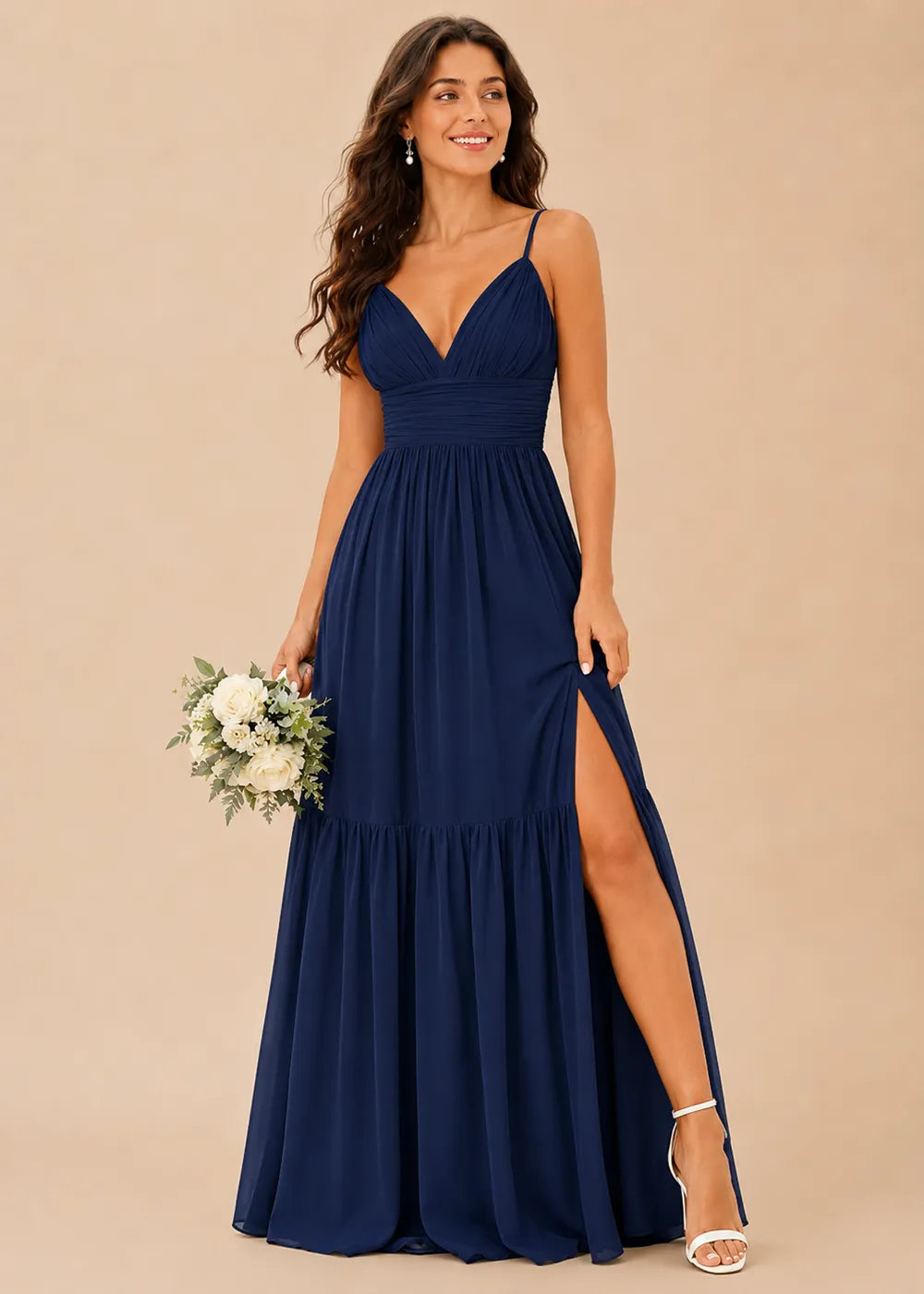 Ruched V-Neck Tiered Chiffon Gown