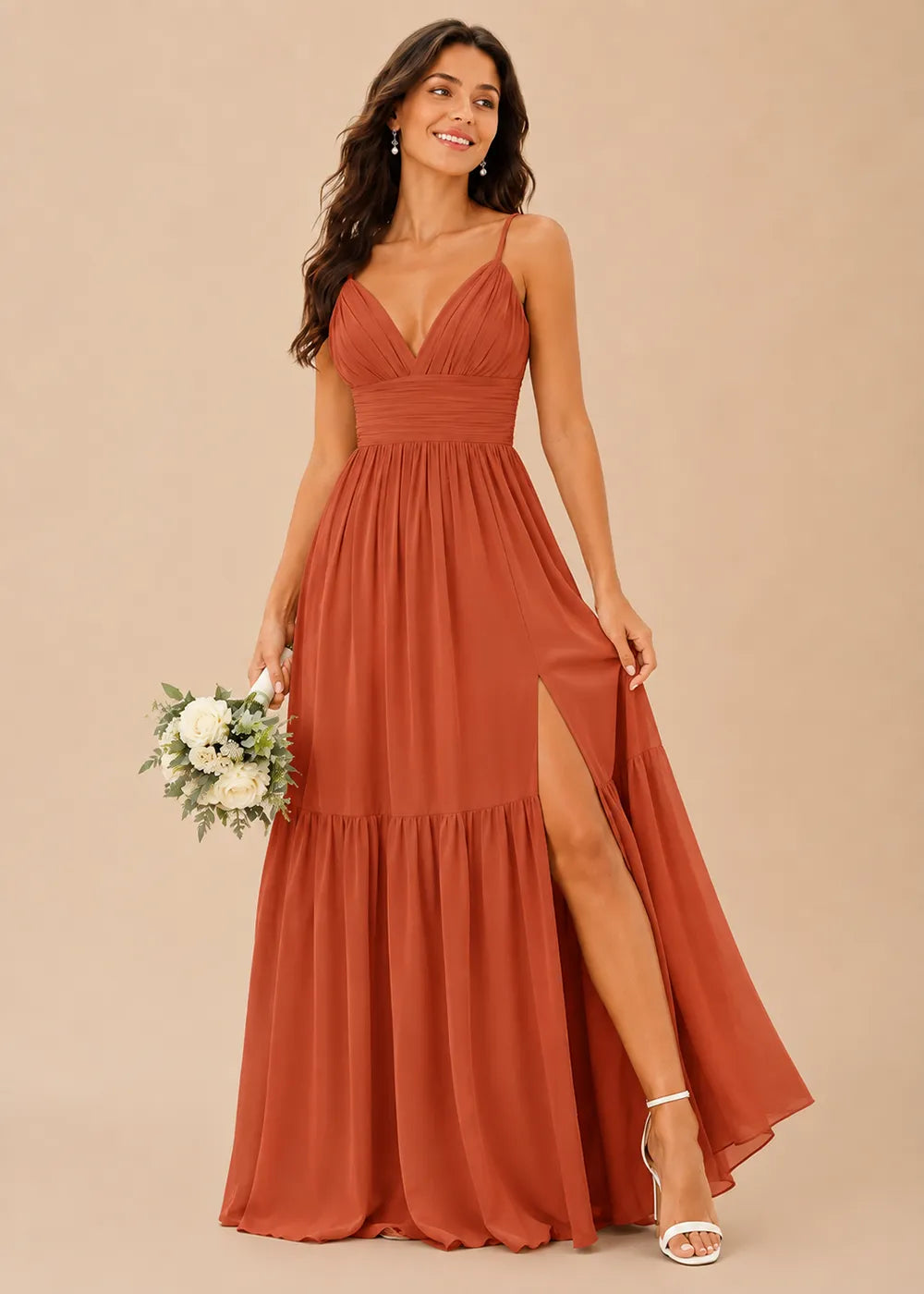Ruched V-Neck Tiered Chiffon Gown