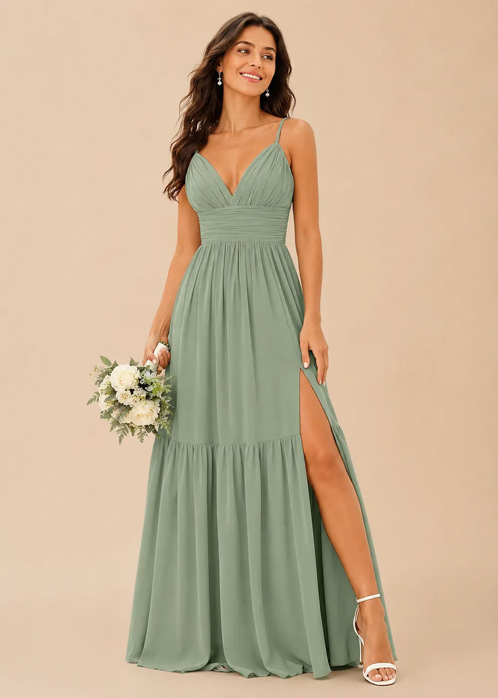 Ruched V-Neck Tiered Chiffon Gown