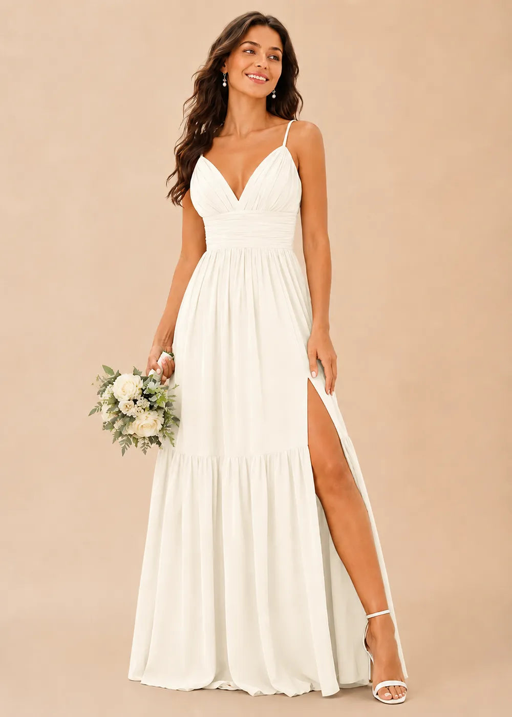 Ruched V-Neck Tiered Chiffon Gown