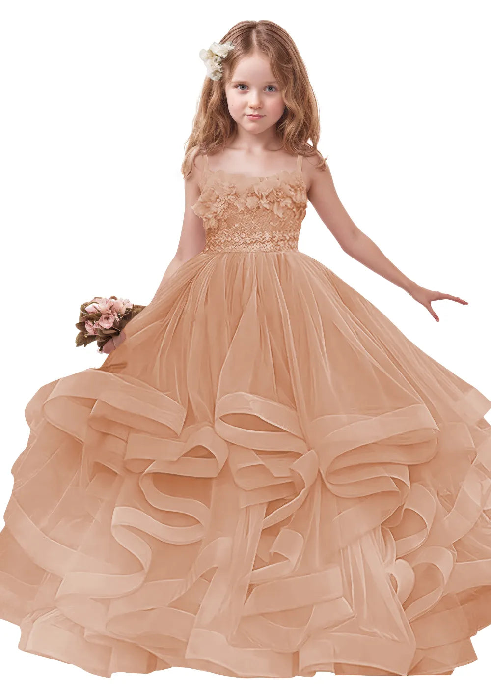 3D Floral & Ruffle Tulle Flower Girl Dress