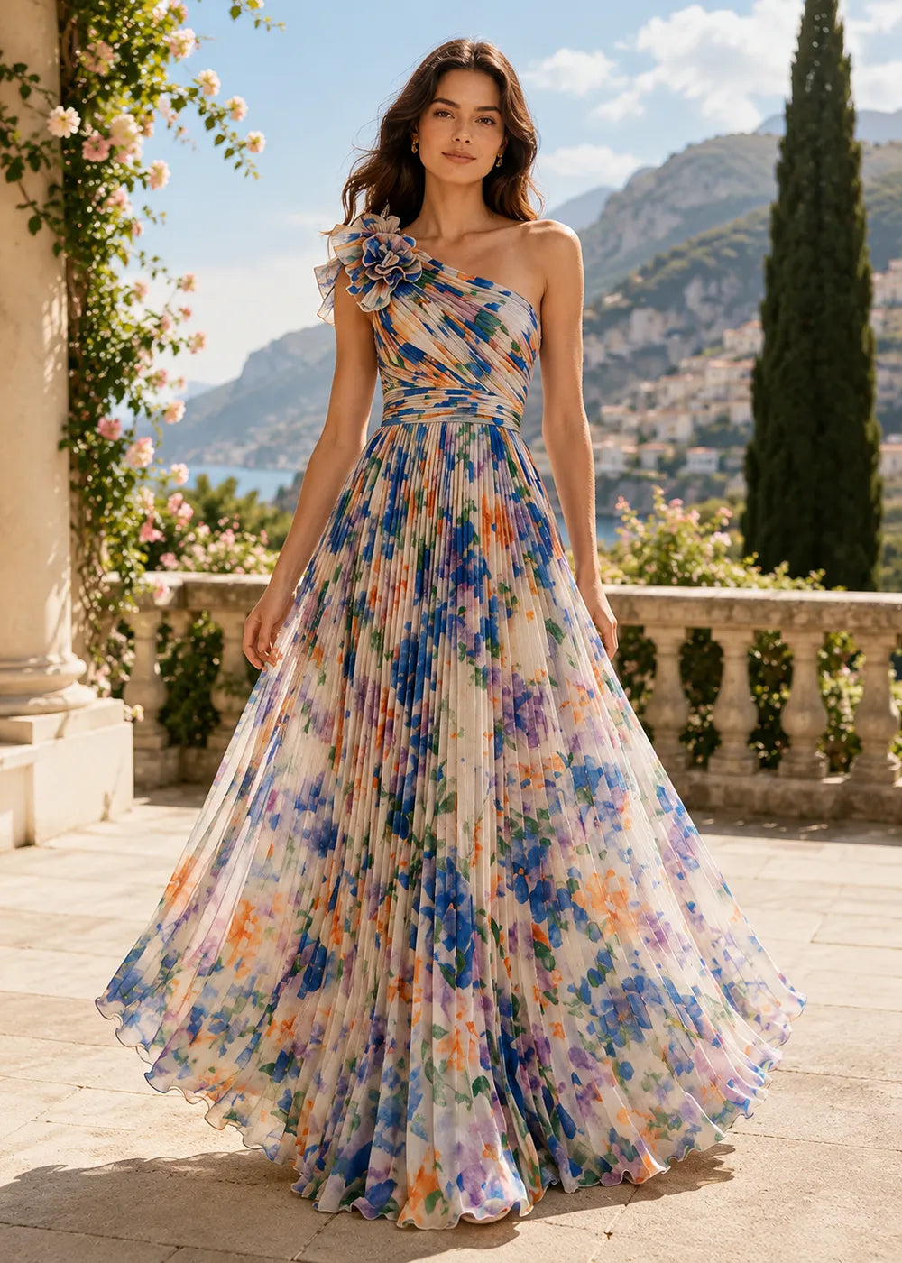 Watercolor Bloom One-Shoulder Pleated Gown