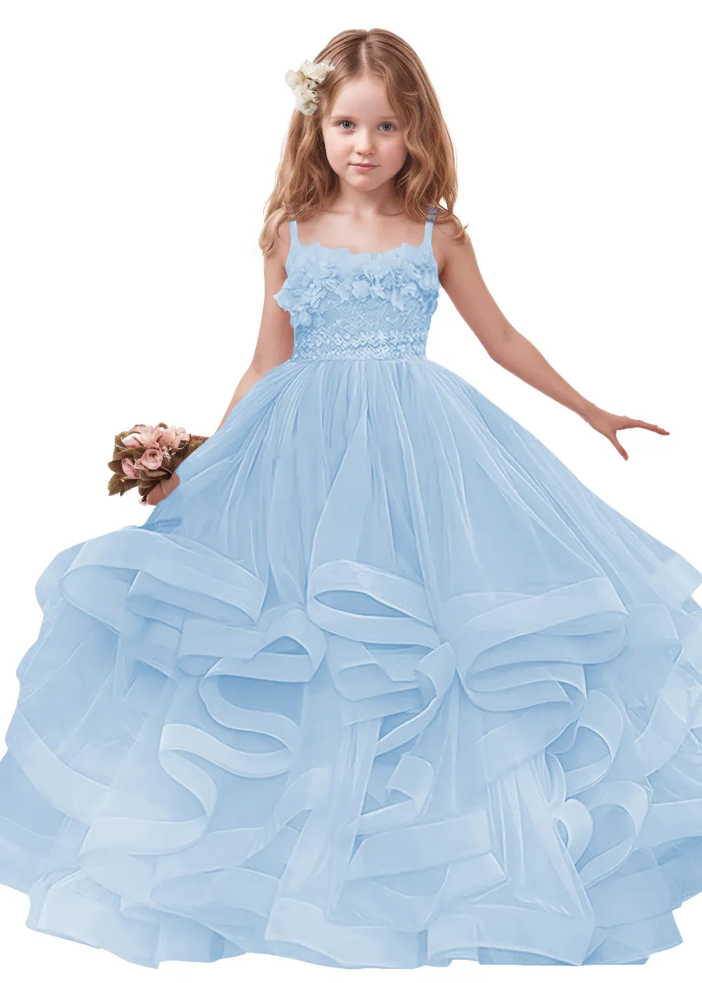 3D Floral & Ruffle Tulle Flower Girl Dress