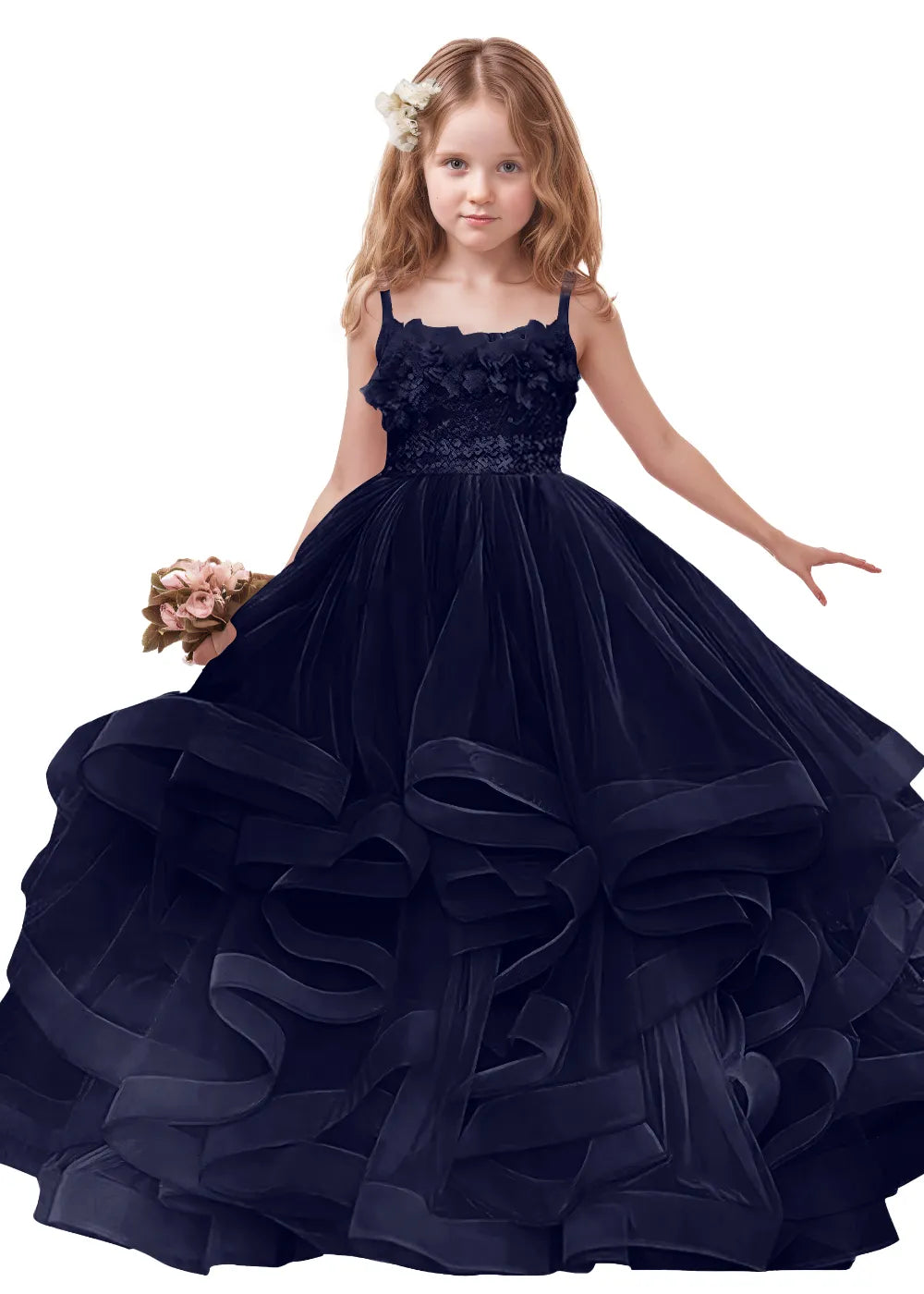 3D Floral & Ruffle Tulle Flower Girl Dress