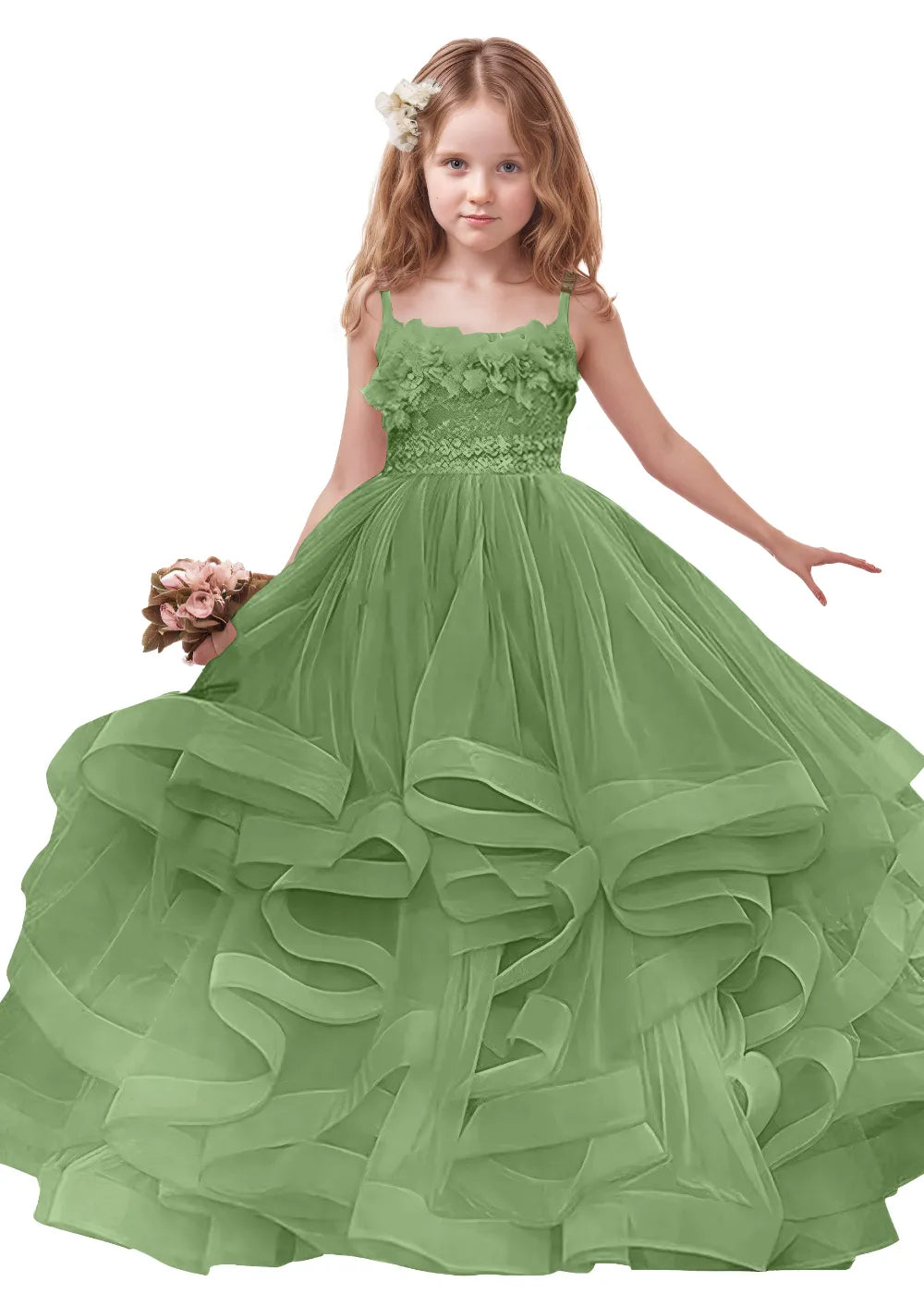 3D Floral & Ruffle Tulle Flower Girl Dress