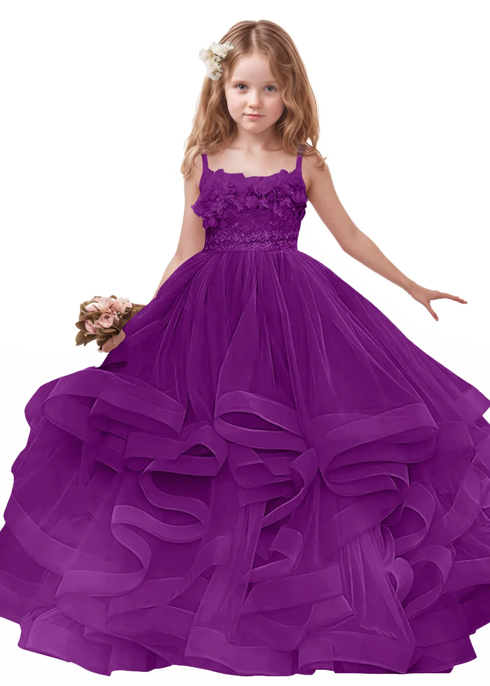 3D Floral & Ruffle Tulle Flower Girl Dress