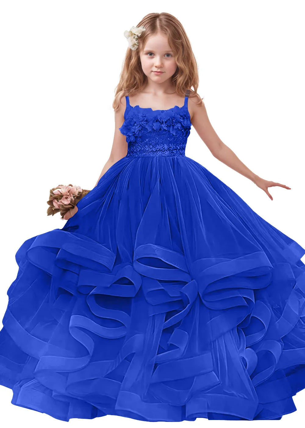 3D Floral & Ruffle Tulle Flower Girl Dress