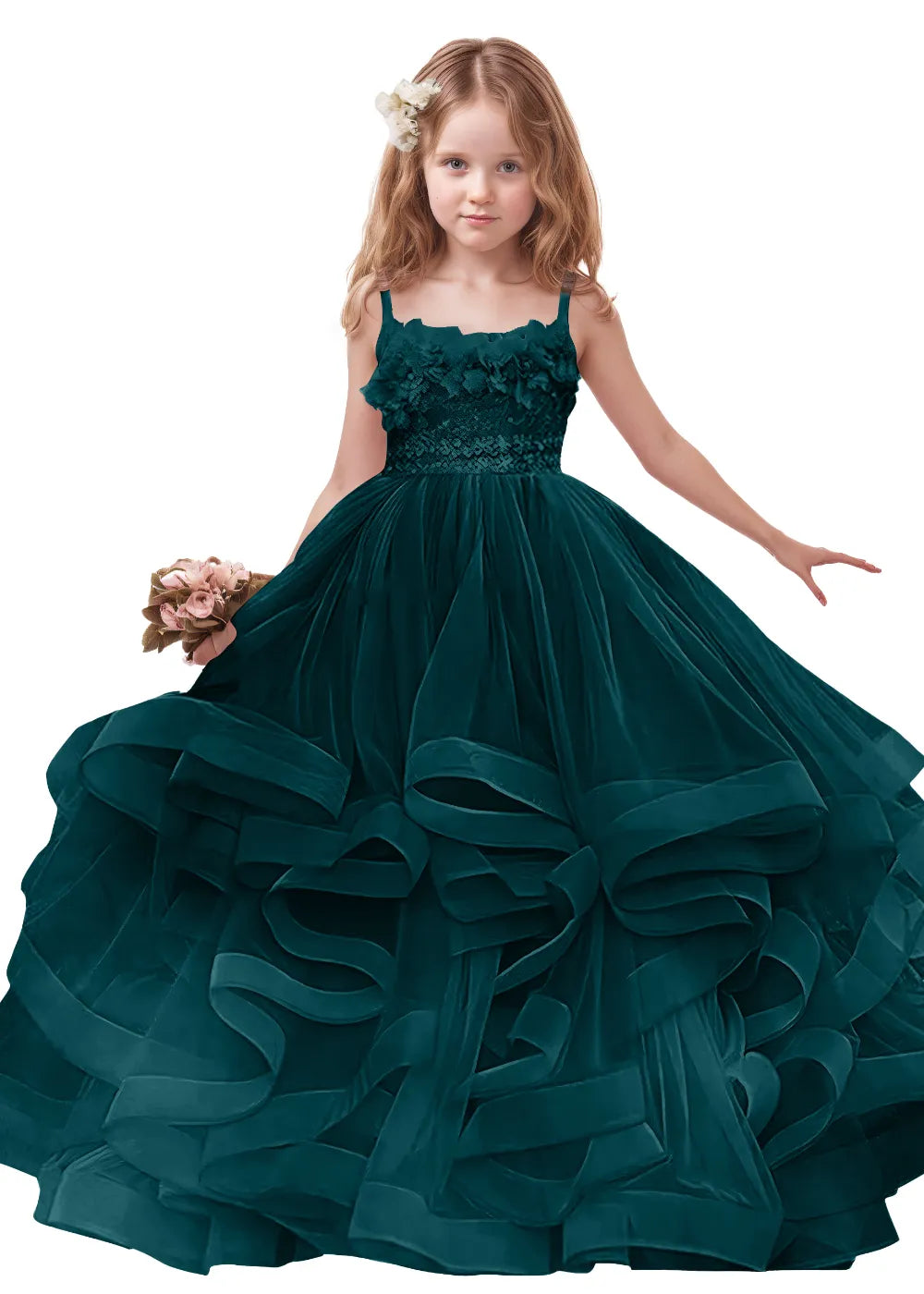 3D Floral & Ruffle Tulle Flower Girl Dress