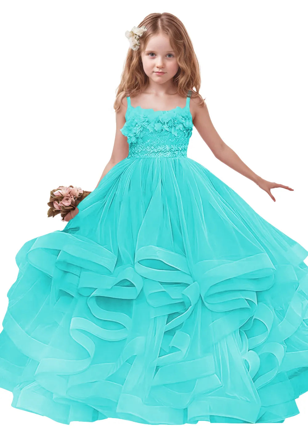3D Floral & Ruffle Tulle Flower Girl Dress