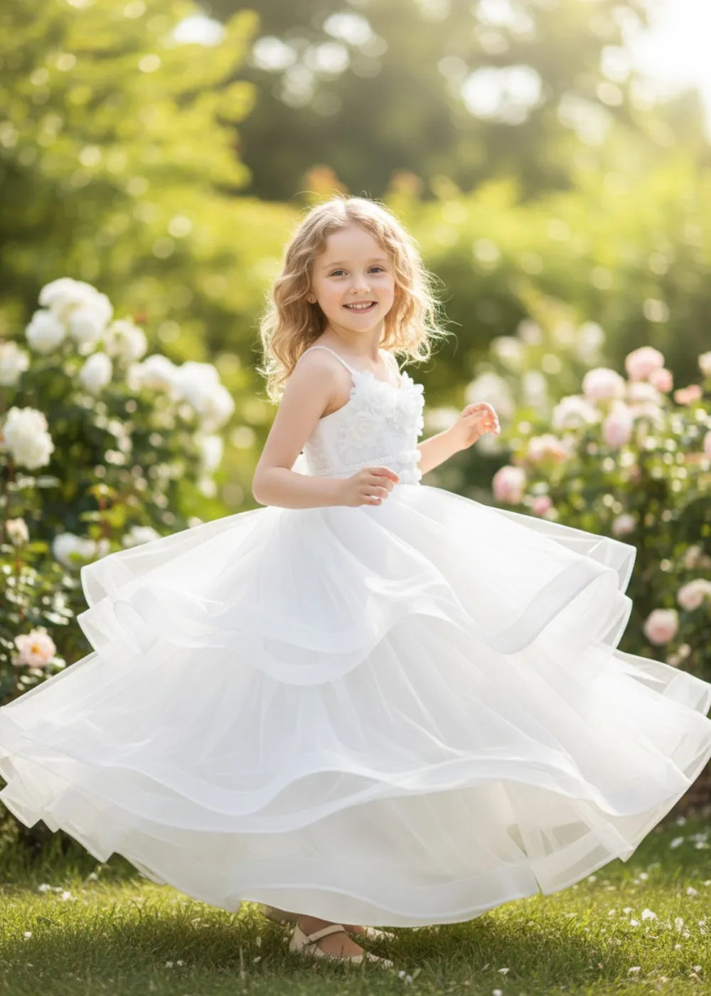 3D Floral & Ruffle Tulle Flower Girl Dress