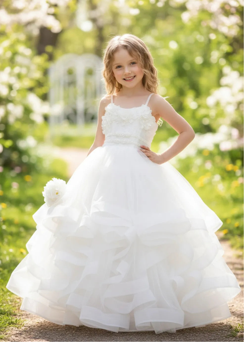 3D Floral & Ruffle Tulle Flower Girl Dress