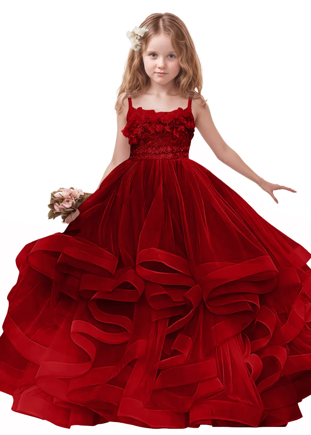 3D Floral & Ruffle Tulle Flower Girl Dress