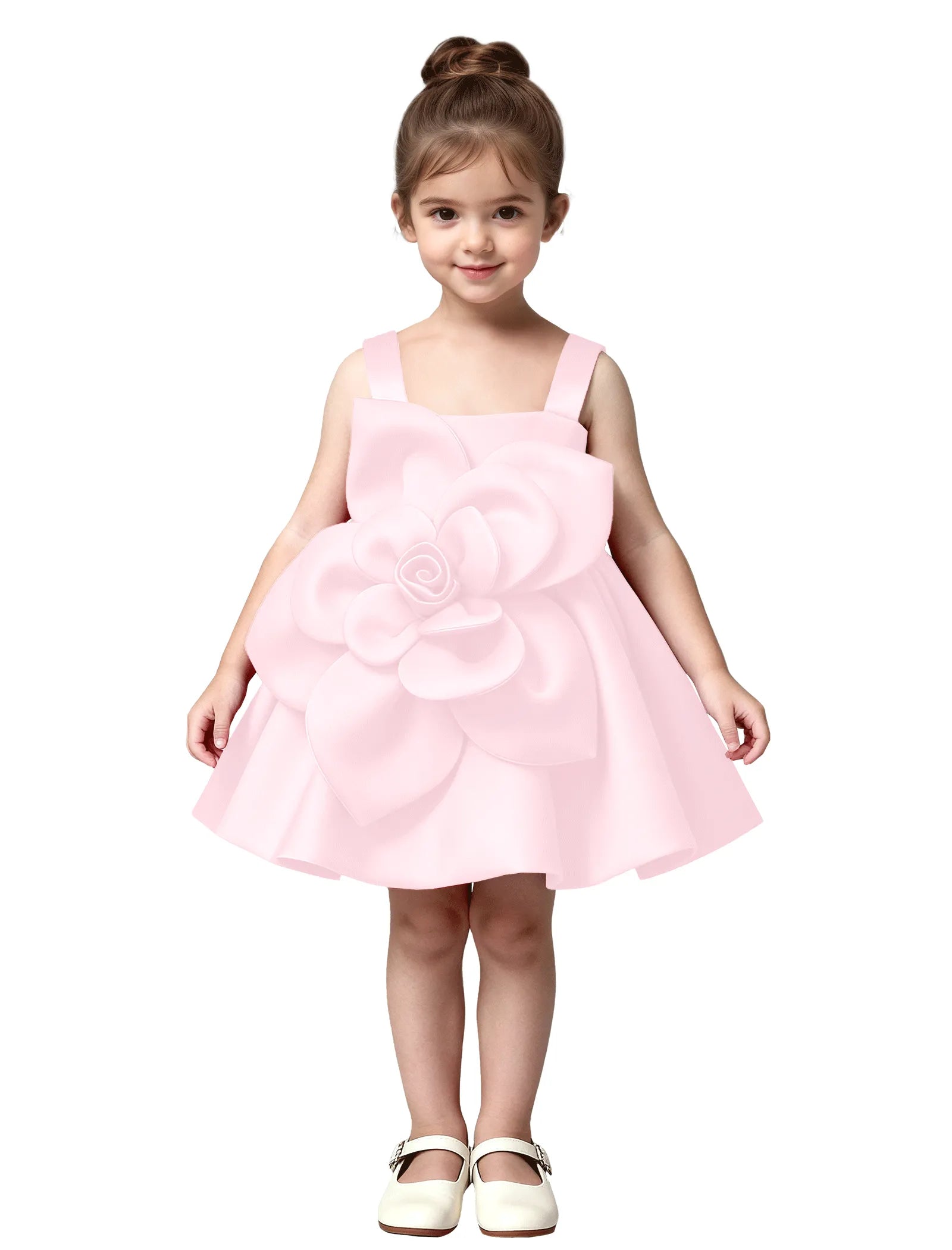 3D Flower Satin Dress for Girls with Bow Back