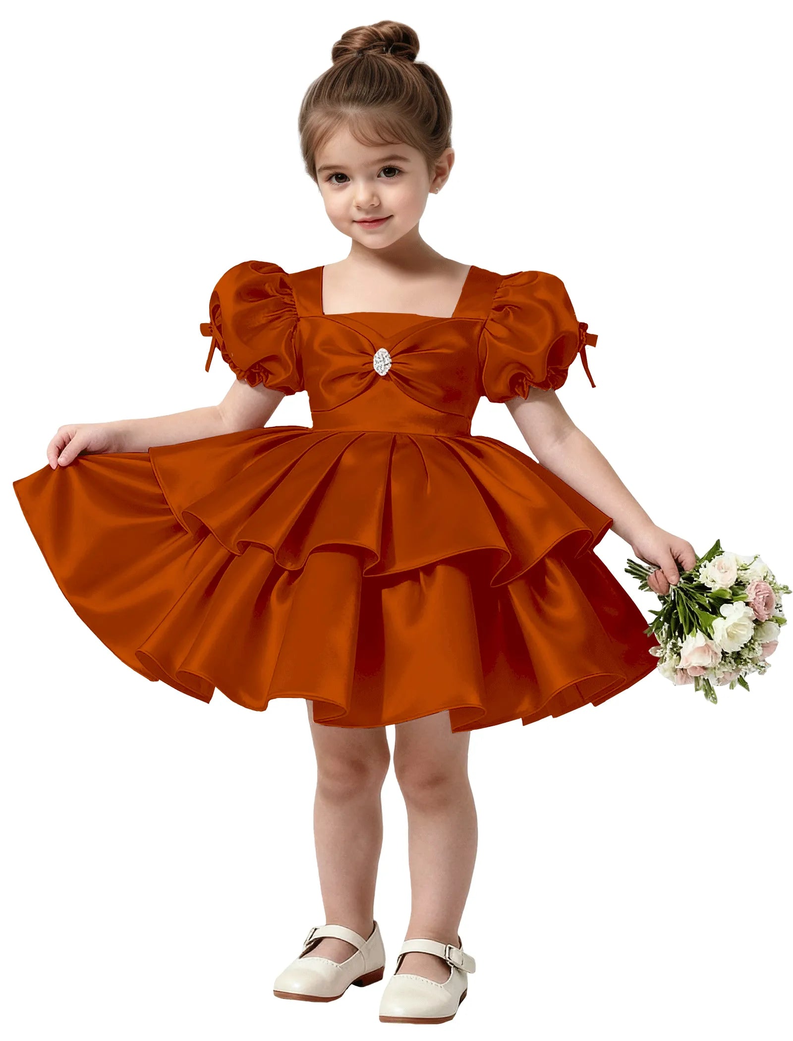 Short Satin Dress for Girls with Big Bow and Pearl Detail