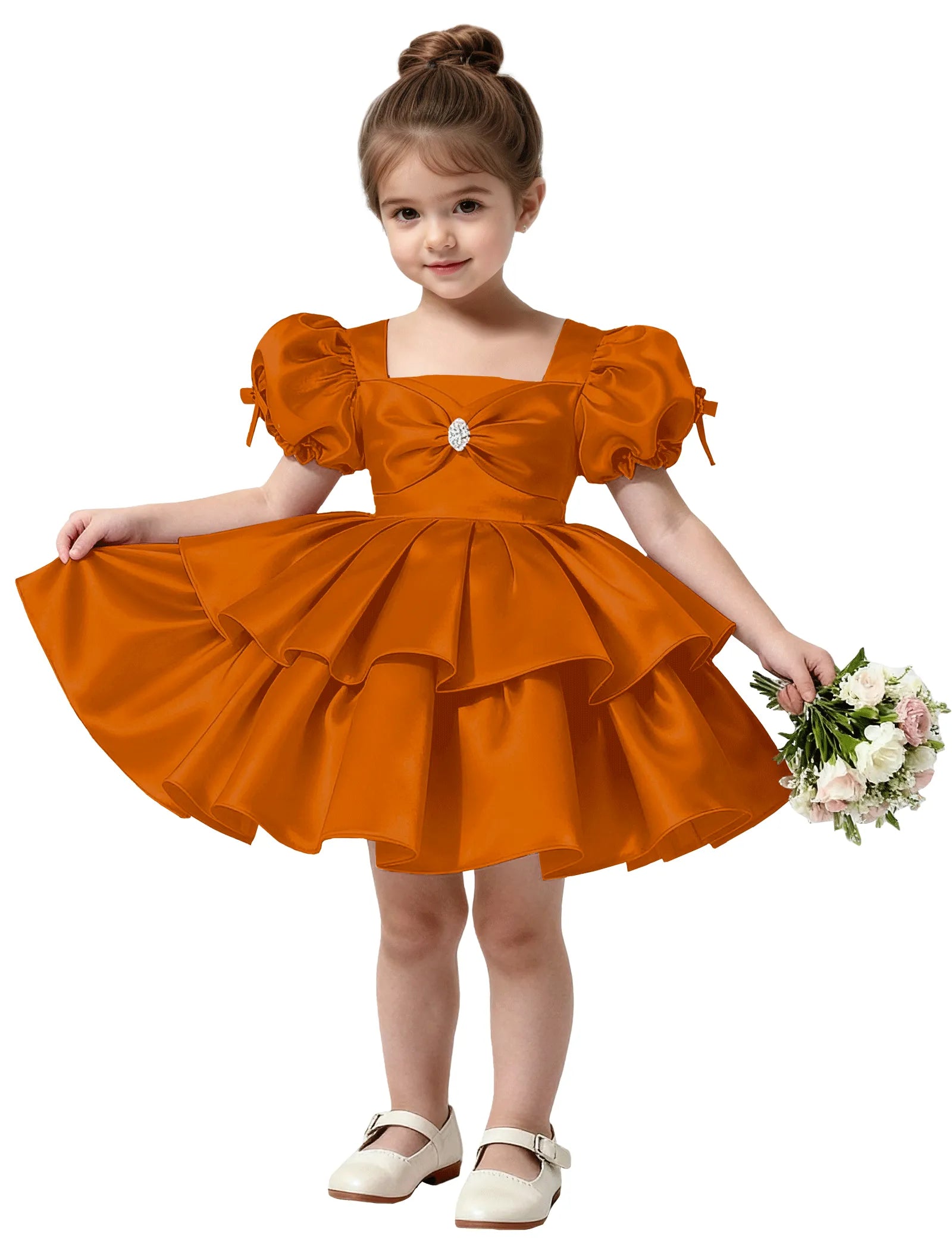 Short Satin Dress for Girls with Big Bow and Pearl Detail