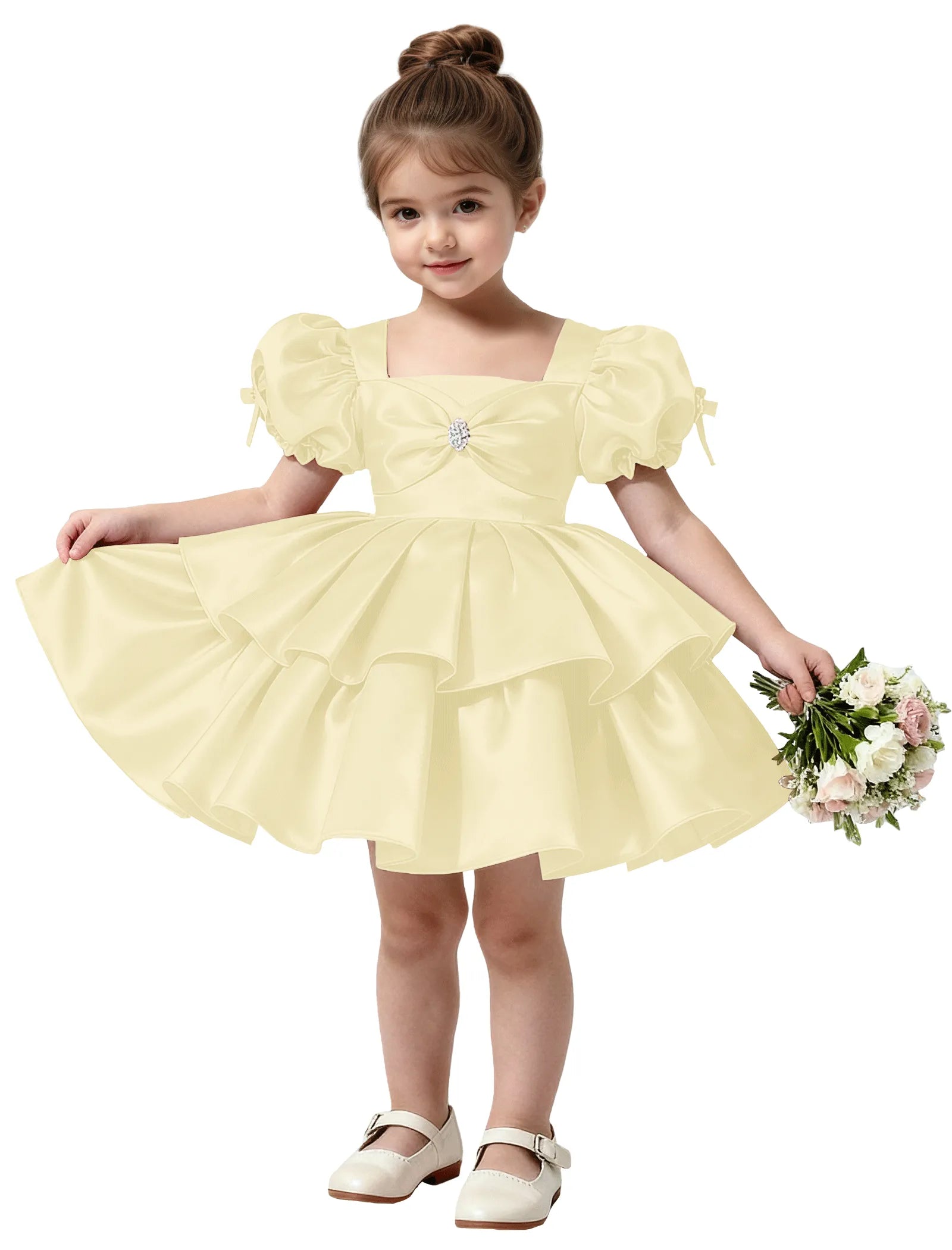 Short Satin Dress for Girls with Big Bow and Pearl Detail