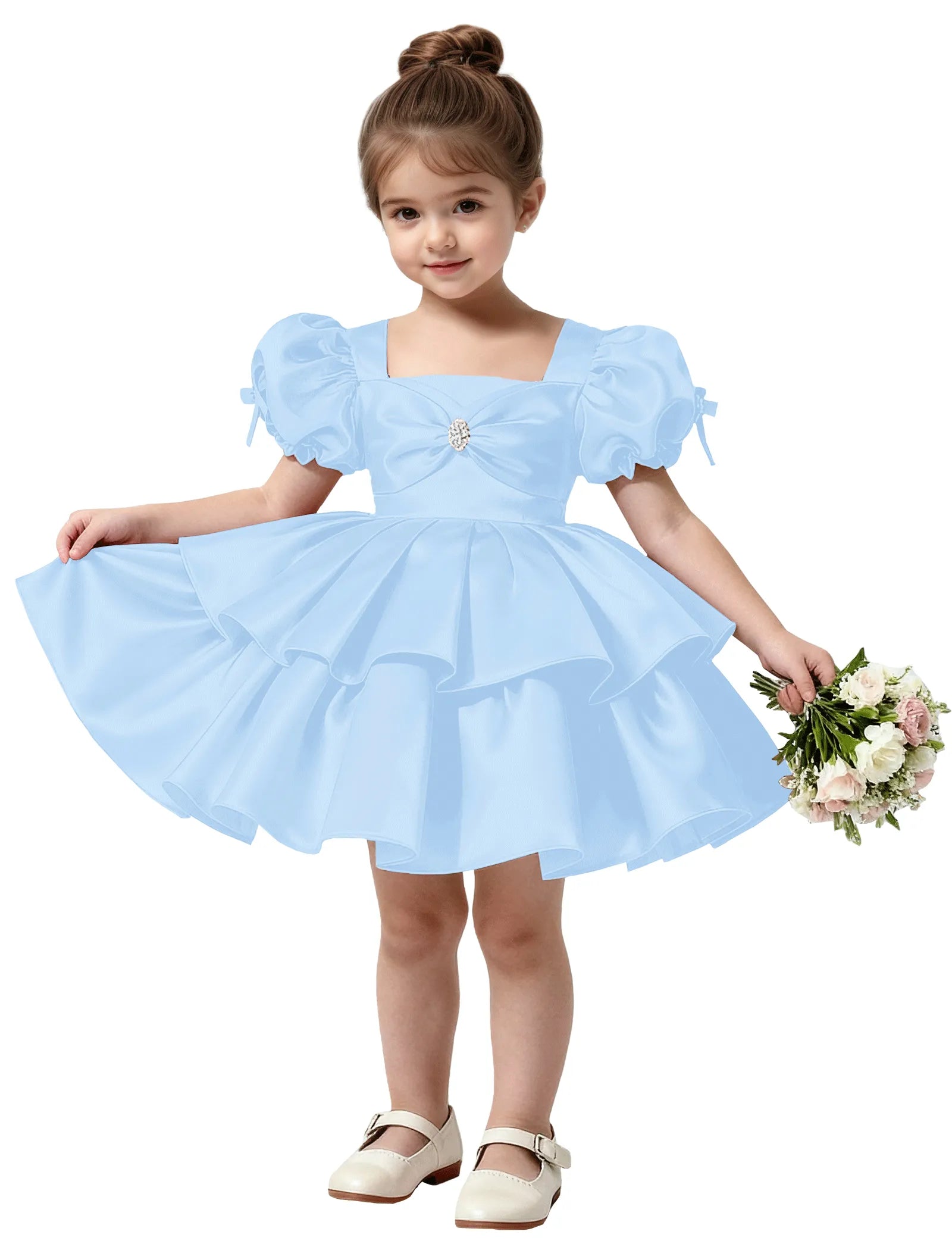 Short Satin Dress for Girls with Big Bow and Pearl Detail