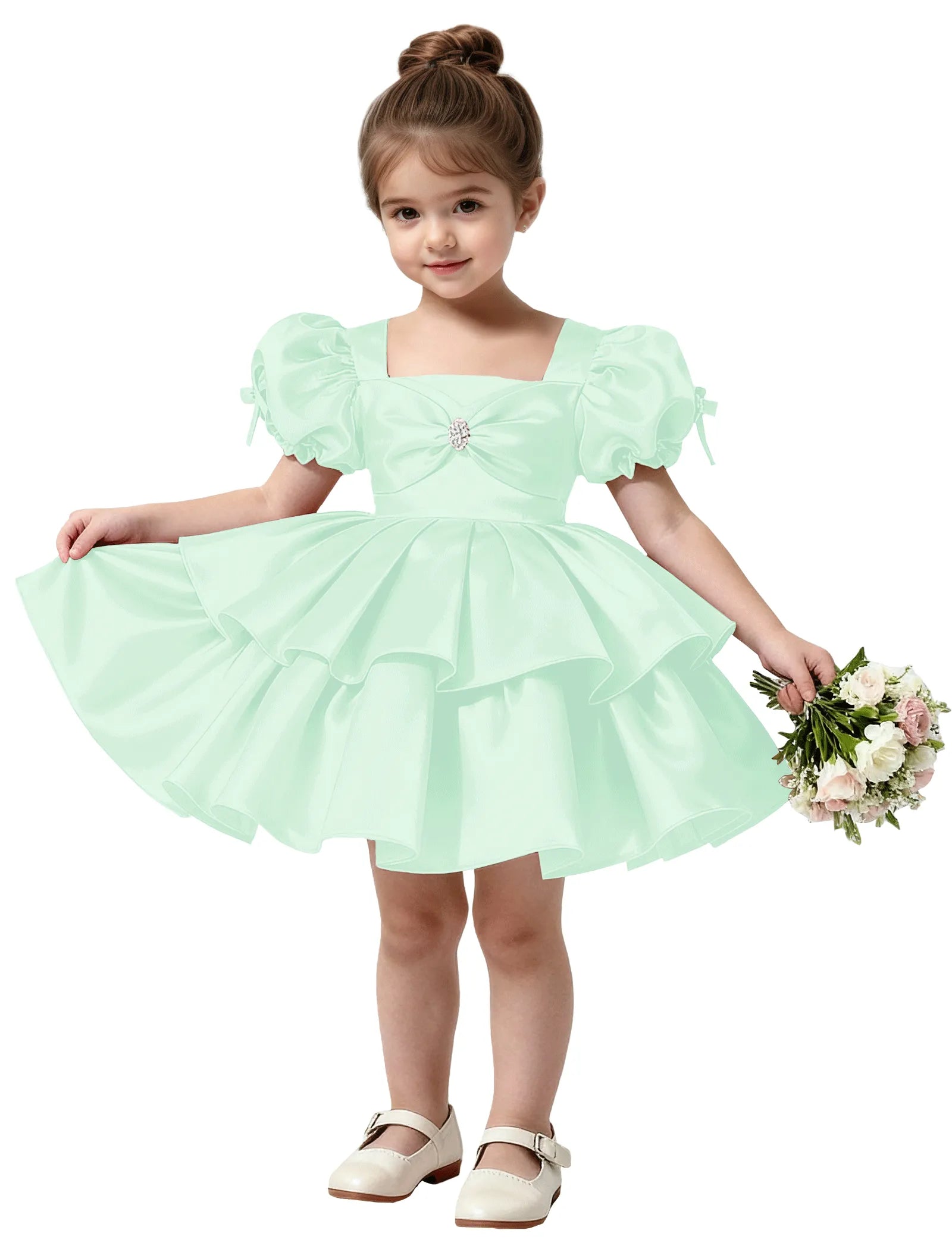 Short Satin Dress for Girls with Big Bow and Pearl Detail