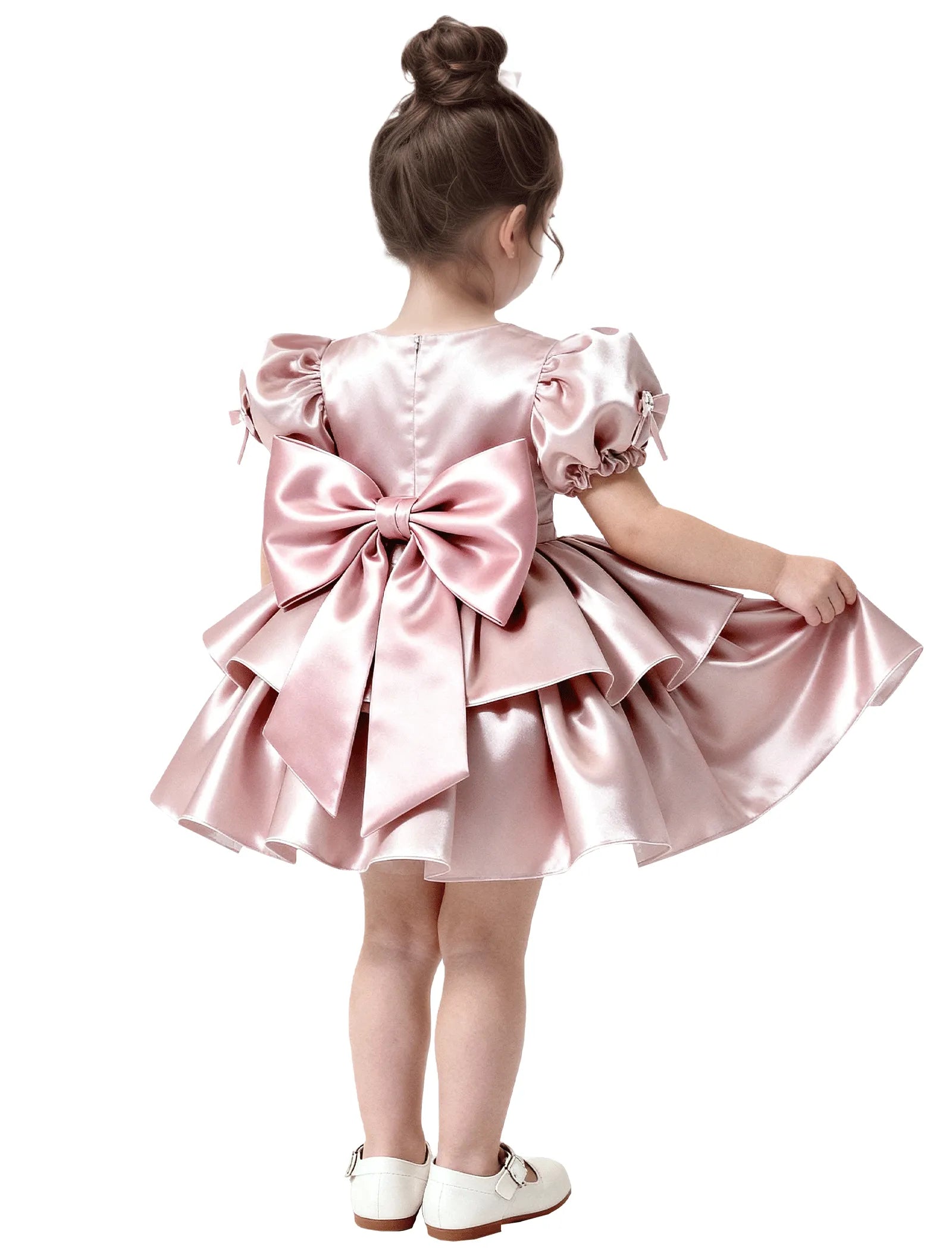 Short Satin Dress for Girls with Big Bow and Pearl Detail