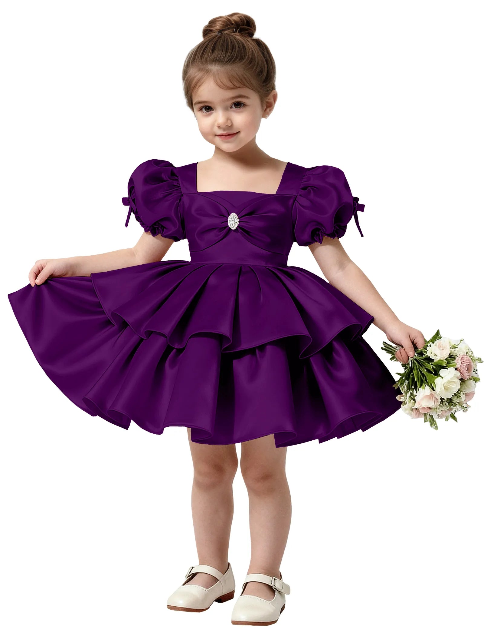 Short Satin Dress for Girls with Big Bow and Pearl Detail