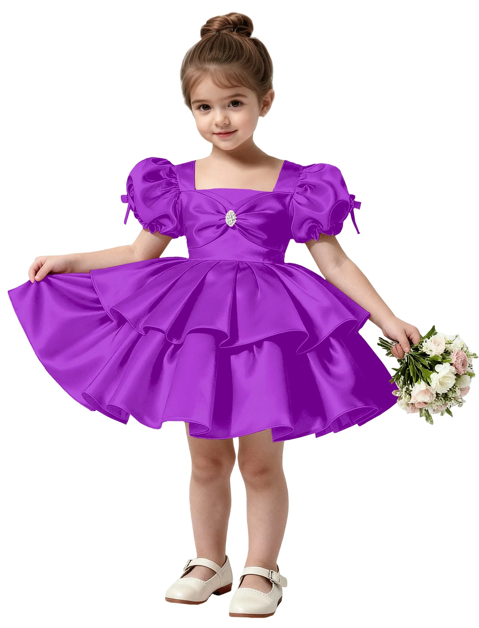 Short Satin Dress for Girls with Big Bow and Pearl Detail