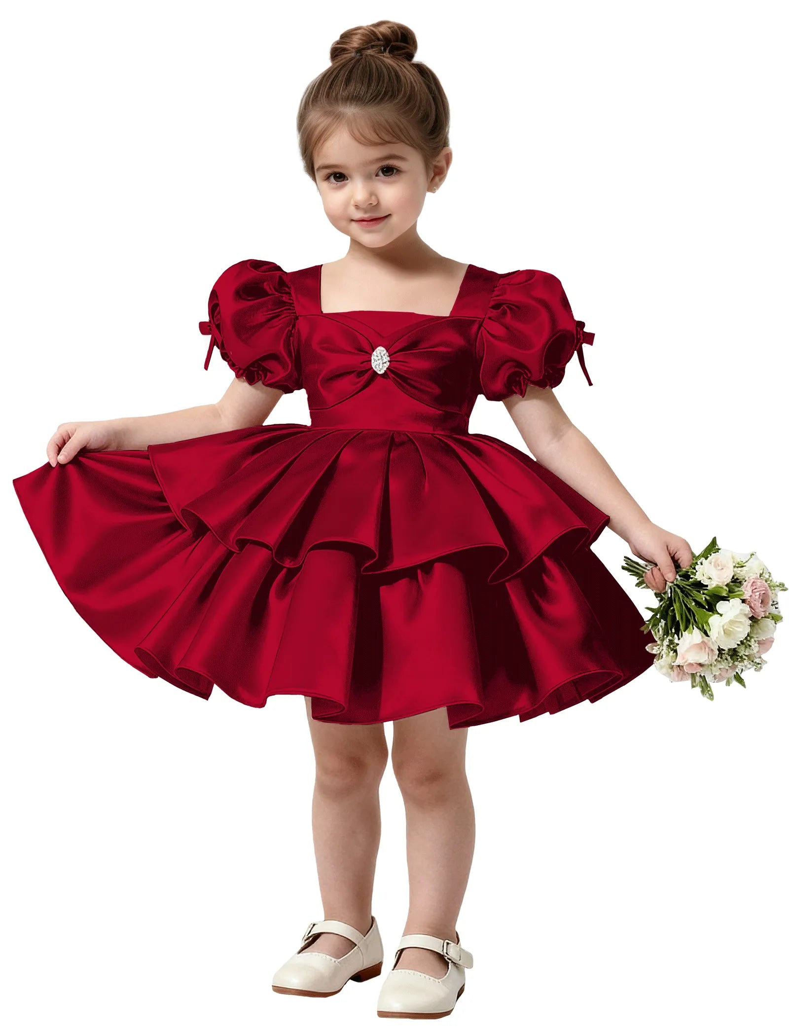 Short Satin Dress for Girls with Big Bow and Pearl Detail