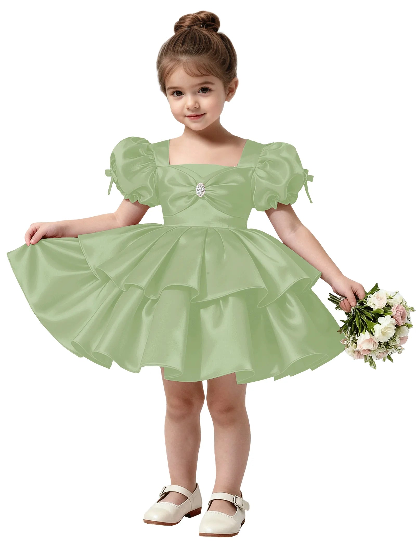 Short Satin Dress for Girls with Big Bow and Pearl Detail