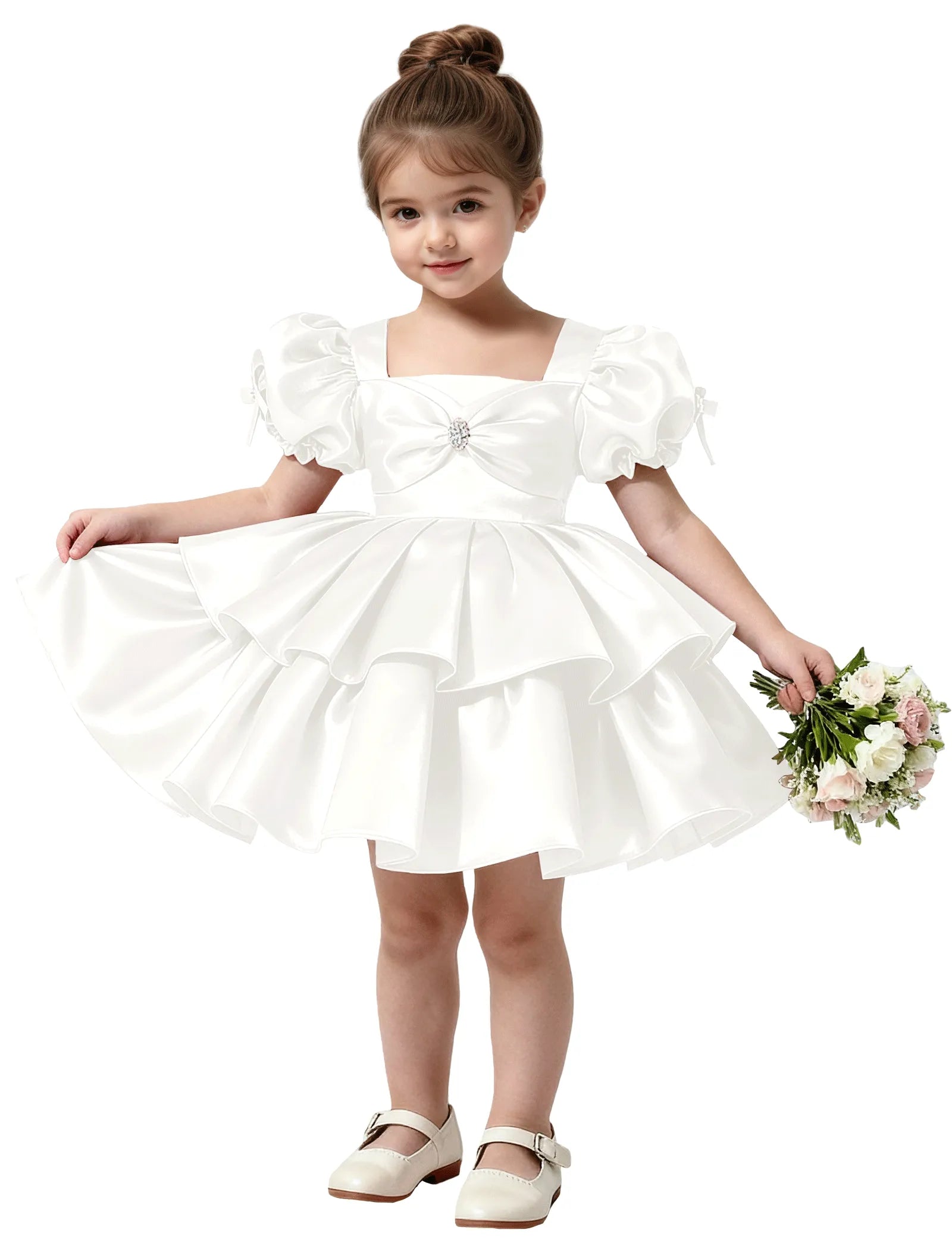 Short Satin Dress for Girls with Big Bow and Pearl Detail