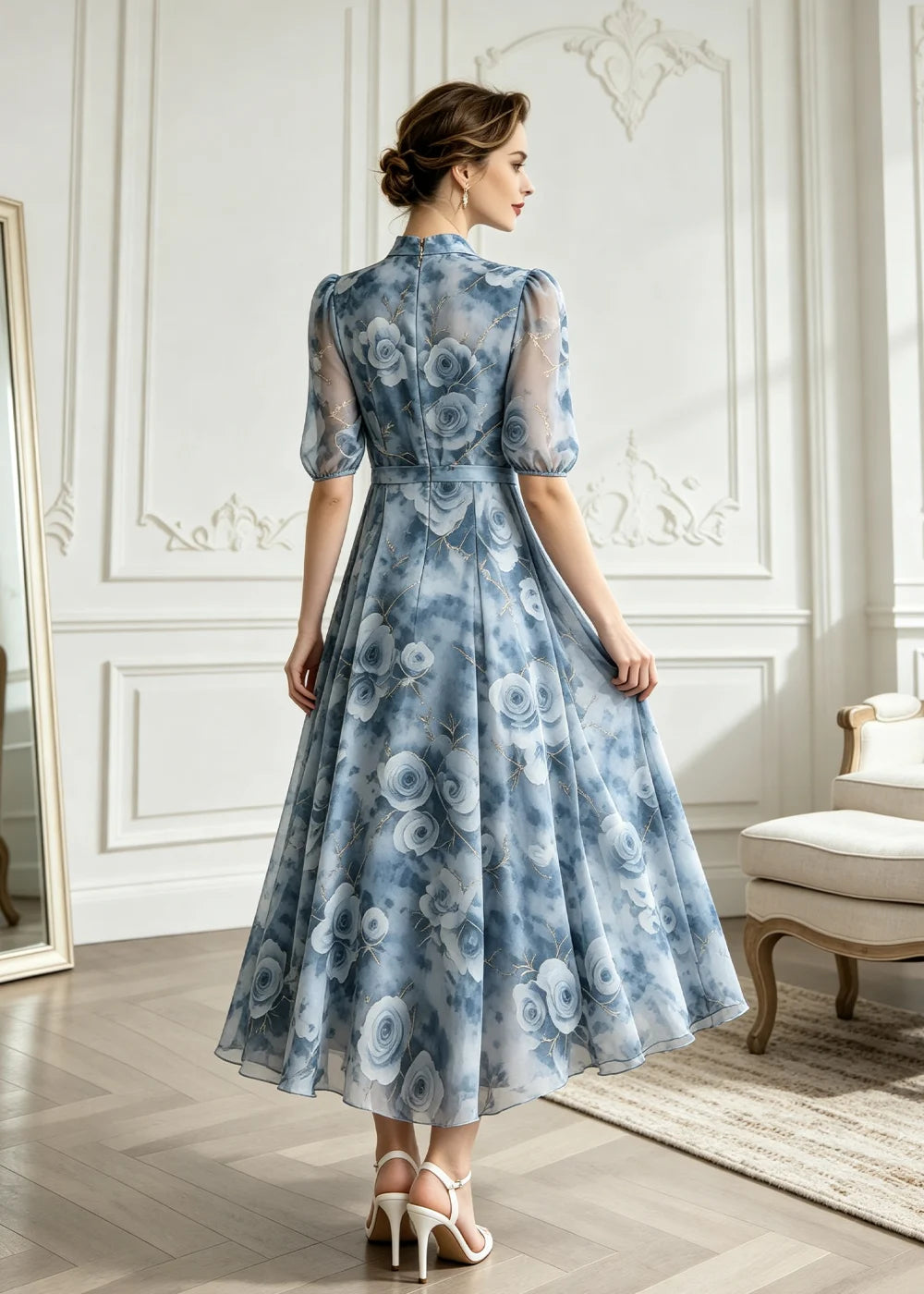 Dusty Blue Floral High-Neck Tulle Midi Dress