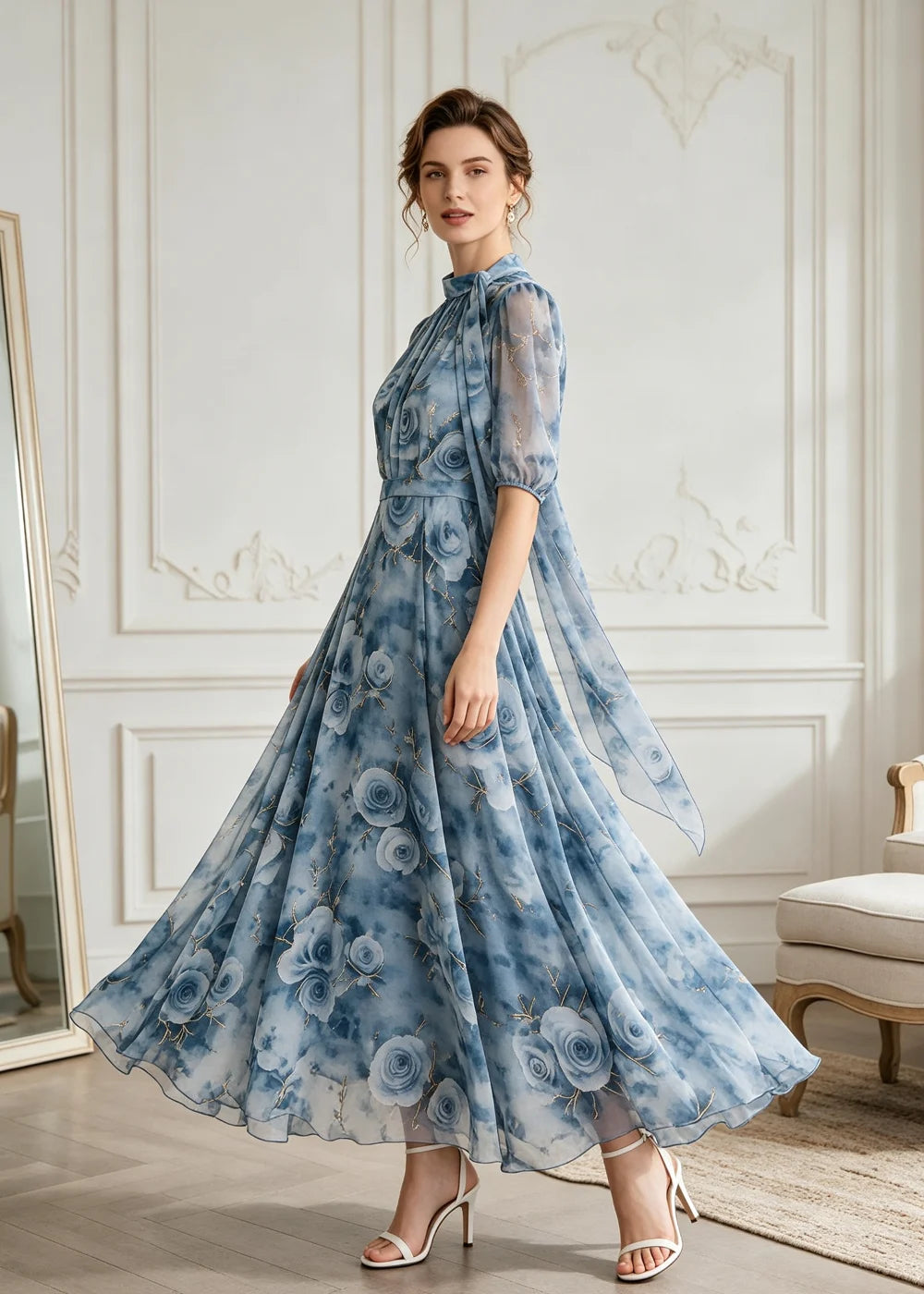 Dusty Blue Floral High-Neck Tulle Midi Dress