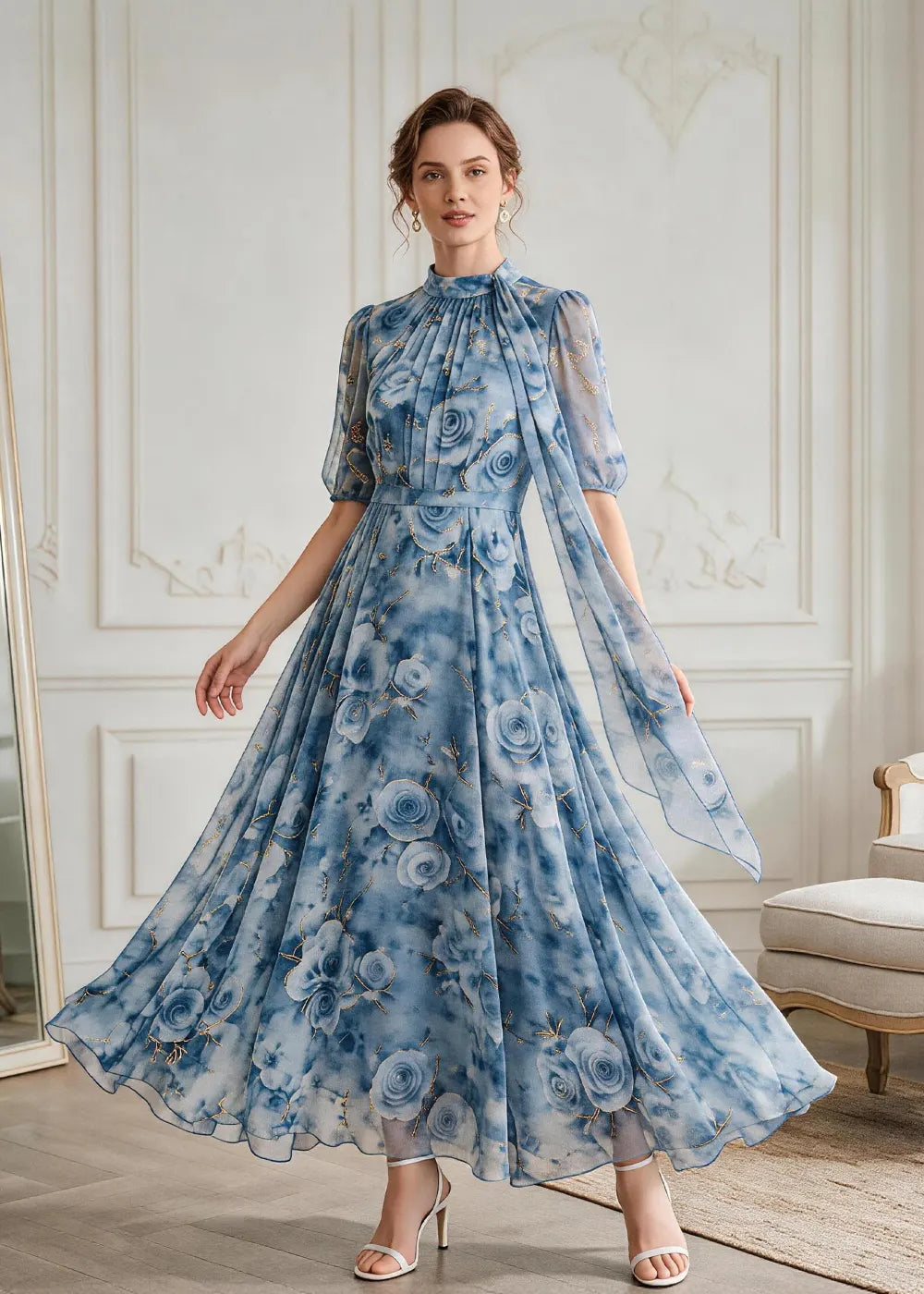 Dusty Blue Floral High-Neck Tulle Midi Dress