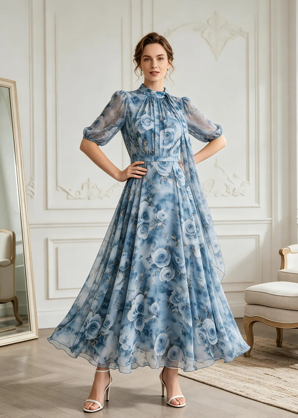 Dusty Blue Floral High-Neck Tulle Midi Dress