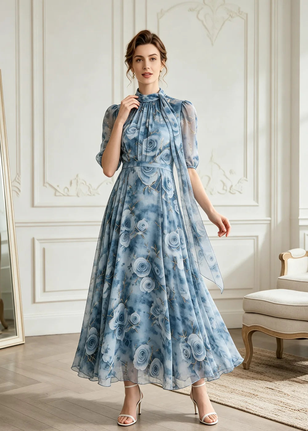 Dusty Blue Floral High-Neck Tulle Midi Dress