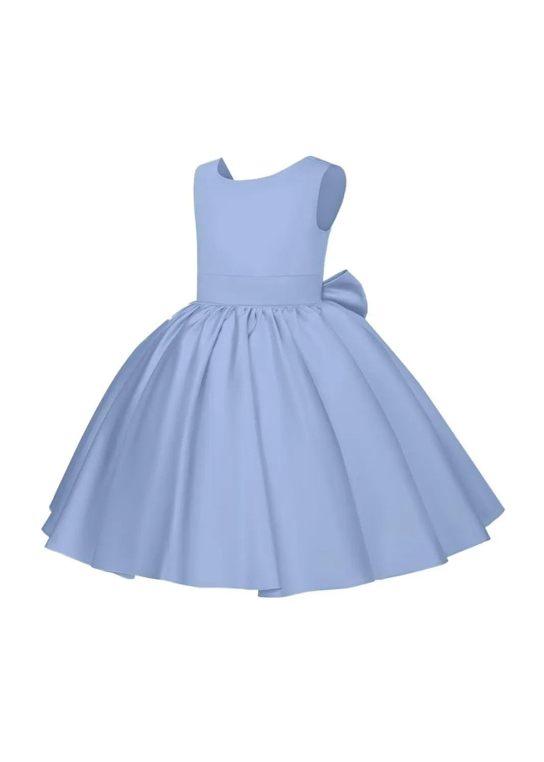 Pretty Bow V back Satin Flower Girl Dress– [Blue]