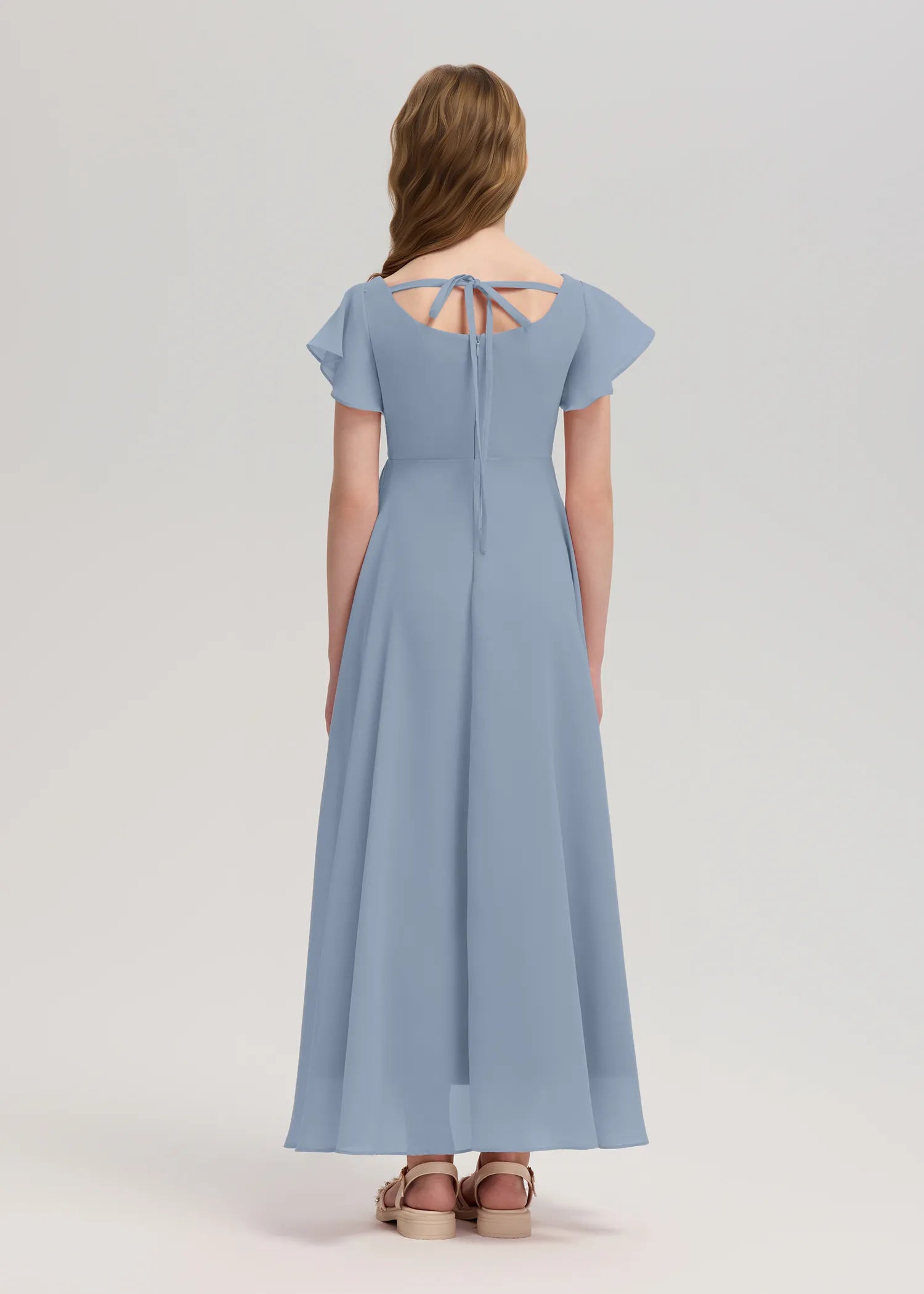Square Neck Flutter Sleeve Chiffon Dress-Black