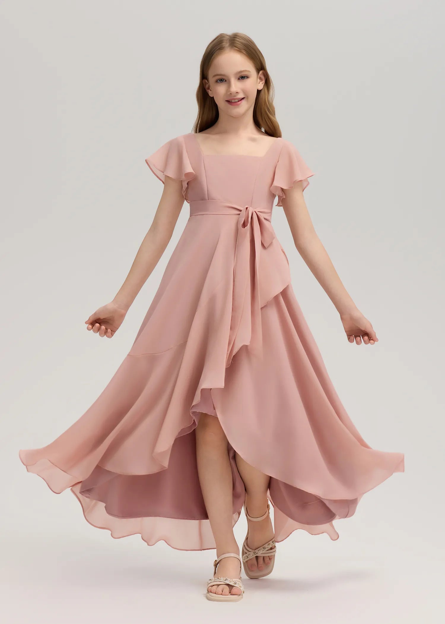 Square Neck Flutter Sleeve Chiffon Dress-[Pink]